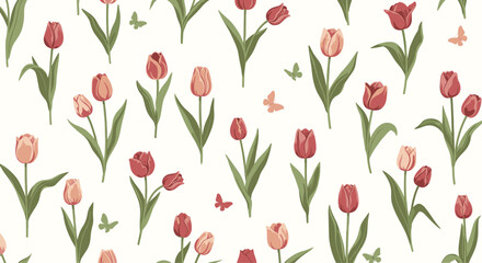 Elegant seamless pattern with vintage-style red and pink tulips and small butterflies on a light cream background for spring.