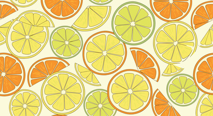 Seamless background with a hand-drawn pattern of citrus fruit slices including oranges lemons and limes for a summer design.