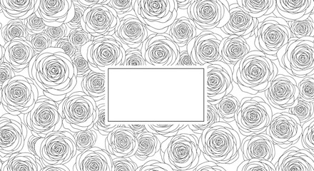 Monochrome background with a dense pattern of hand-drawn rose outlines and a blank rectangular label for text or a logo.