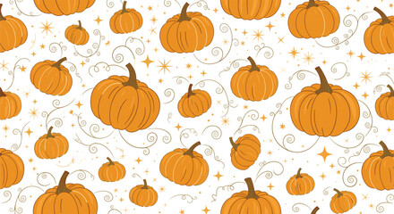 Seamless autumn pattern with cute orange pumpkins golden stars and whimsical swirls on a clean white background for fabrics.
