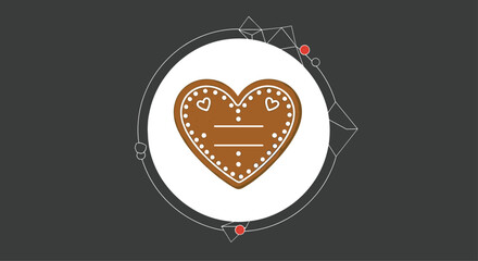 Modern graphic design with a gingerbread heart cookie inside a white circle on a dark background with geometric elements.