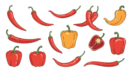 Collection of various hand-drawn red and yellow peppers including chili and bell peppers isolated on a white background.