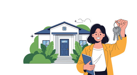 Happy real estate agent or new homeowner holding up keys in front of a modern suburban house with lush greenery.