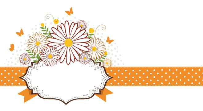 Charming floral greeting card with a bouquet of daisies an ornate vintage label and an orange polka dot ribbon banner.