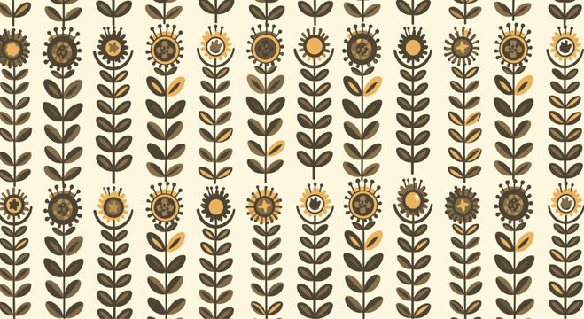 Seamless folk art floral pattern with vertical rows of stylized flowers in a warm brown and gold color palette.