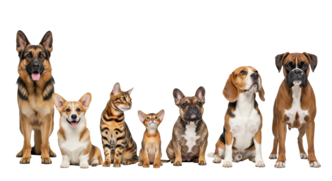 German Shepherd, Corgi, Bengal cat, Beagle, French Bulldog, Boxer, Abyssinian kitten, in endearing poses on white studio background. Diverse pet companionship.
