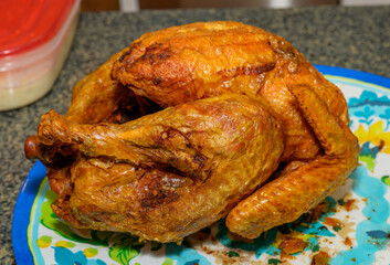 Deep fried turkey on decorative platter