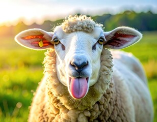 Sheep with tongue out in a green field, sunny day. Close-up portrait