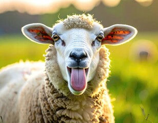 Close-up of a sheep sticking out its tongue in a sunlit field, showing its goofy expression