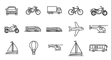 Outline Icons Set Transportation Vehicle Car Motorcycle Train and Balloon