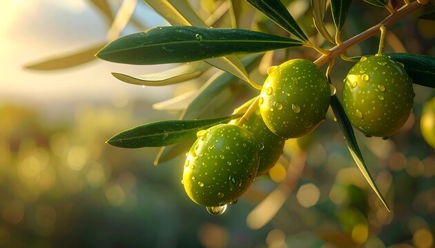 Close-up of green olives on branch, water droplets glistening in sunlight, blurred background - Powered by Adobe