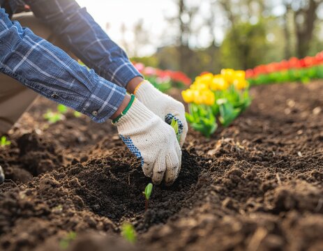 Jardinier aux gants blancs plantant d&eacute;licatement une jeune pousse verte dans la terre fertile d'un jardin potager ensoleill&eacute; entour&eacute; de fleurs color&eacute;es

