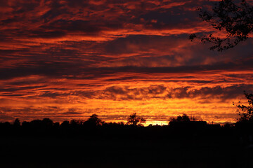 A vibrant sunset over trees and village houses on an autumn evening