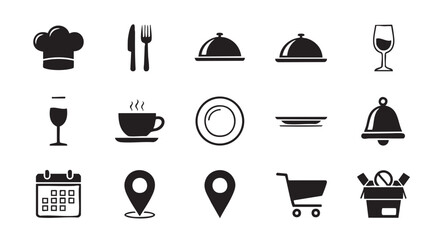 Restaurant dining icons collection of chef hat glass cup date location