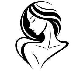 Black & white vector silhouette of minimalist female portrait outline on white background