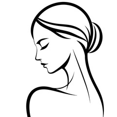 Black & white vector silhouette of minimalist female portrait outline on white background