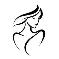 Black & white vector silhouette of minimalist female portrait outline on white background