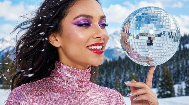 Holiday event. Smiling hispanic woman with bold purple makeup and a pink sequin sweater balances a shiny disco ball on her finger outdoors in a snowy mountain with falling snow. New year dance party