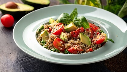 Fresh Vegetable Quinoa Salad With Tomatoes And Avocado Garnish
