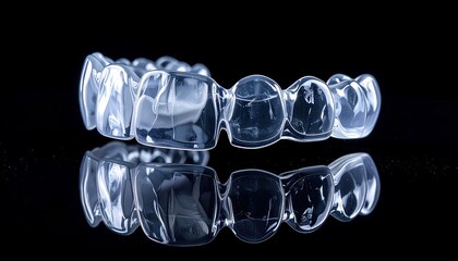 Clear dental aligner on black, reflecting, showcasing transparency and shape, dental aesthetics