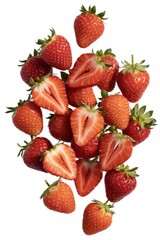 Fresh strawberries, some cut in half, isolated on a white background, perfect for summer recipes, healthy eating plans, or vibrant food promotions today