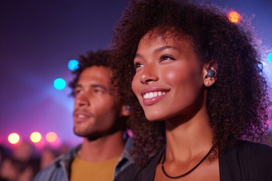 A couple watches an energetic rock concert, both wearing discreet earplugs for hearing safety