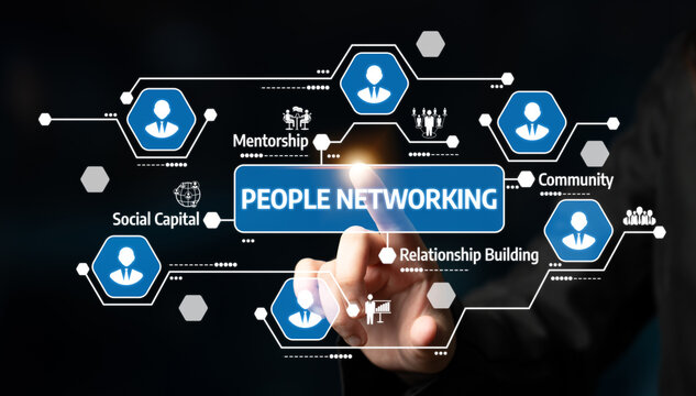 Visual representation of people networking features icons related to mentorship, community, social capital, and building relationships in a modern digital landscape. Tessel