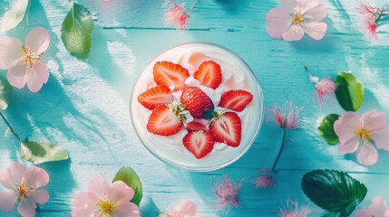 Overhead shot of a glass bowl filled with creamy dessert topped with fresh strawberries and surrounded by pink blossoms on a blue surface