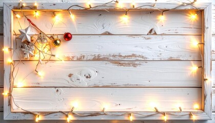 Festive frame with ornaments and lights on a white wooden background