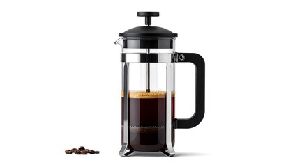 Clear glass french press filled with dark coffee and ground coffee beans