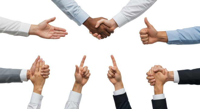 Diverse hands in professional attire, performing business gestures on a transparent studio background with soft lighting. Concept of corporate collaboration and diversity