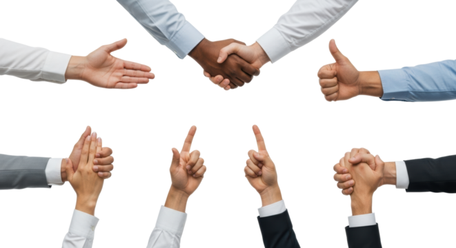 Diverse hands in professional attire, performing business gestures on a transparent studio background with soft lighting. Concept of corporate collaboration and diversity