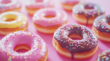 A delightful array of colorful donuts with various toppings, arranged on a vibrant pink surface, creating a tempting and visually appealing treat