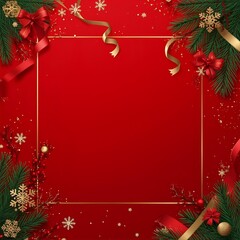 Festive red Christmas background with golden frame, pine branches, and decor