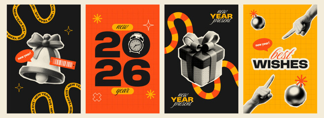 Fototapeta premium Bold New Year 2026 collage posters with halftone textures, retro shapes, grid backgrounds, and festive elements like gifts, bells, alarm clocks, and playful typography.