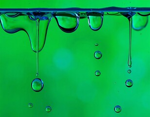 Dripping transparent liquid forms captivating orbs and strands, against a vibrant green backdrop