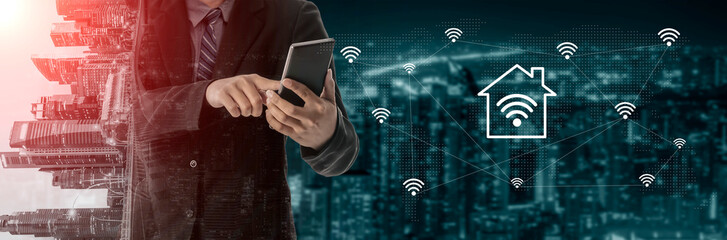A businessman interacts with a smartphone to connect with smart home devices, set against a vibrant city skyline, showcasing modern technology and convenience. Gantry