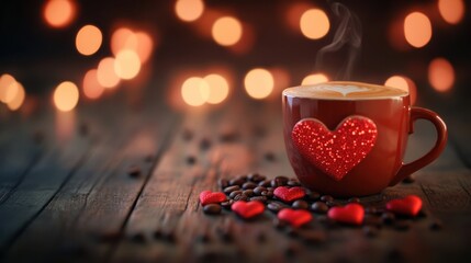 A cozy valentines day scene with a steaming cup of coffee adorned with a red heart, surrounded by coffee beans and heartshaped candies