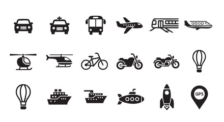 Transportation icons set depicting various modes of travel options