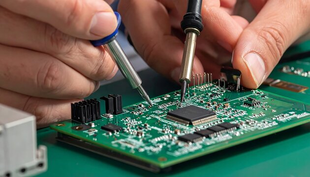 Close-up of hands soldering components onto a green circuit board on a matching surface