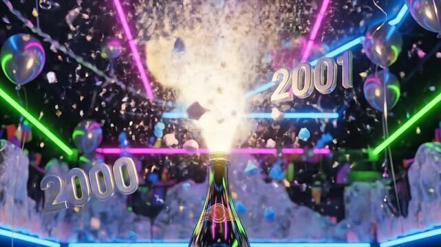 Millennium New Year 2000 to 2001 Celebration Champagne Explosion Neon Lights Futuristic Party Transition Background