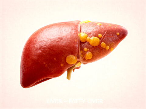 A clear 3D illustration of a human fatty liver showing excess fat deposits and tissue damage. Useful for medical education, liver disease awareness, and healthcare visuals.