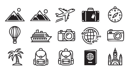 Travel icon set in black and white representing holiday vacations