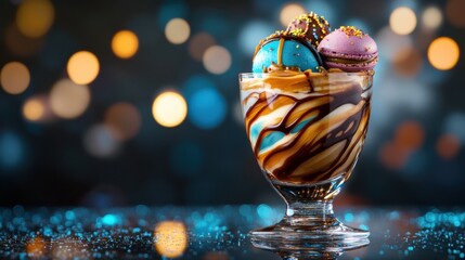 A vibrant ice cream sundae with blue and pink scoops, drizzled with chocolate, sits against a bokeh background, creating a sweet and inviting scene