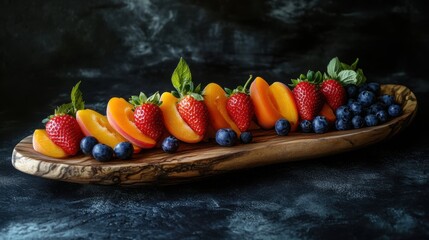A vibrant wooden platter showcases a delightful assortment of fresh strawberries, juicy peaches, and plump blueberries against a dark backdrop