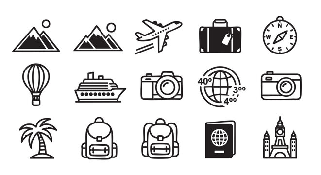Travel icon set in black and white representing holiday vacations
