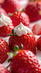 Close-up of vibrant red strawberries topped with swirls of white whipped cream.