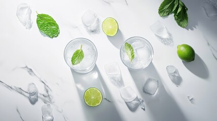 Refreshing gin and tonic with lime and mint on a white marble surface, creating a cool and invigorating drink experience isolated on white background
