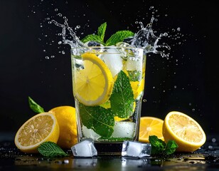 A refreshing glass of lemon and mint infused water splashing against a dark background.