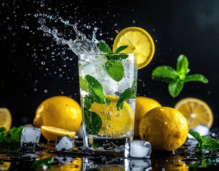 Vibrant Lemon and Mint Infused Drink Splashing with Ice Against a Dark Background
